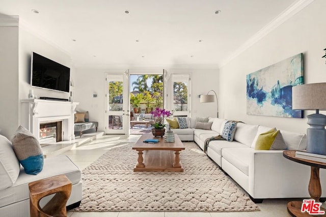 tiled living room with ornamental molding