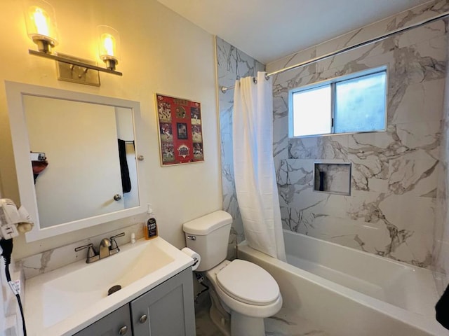 full bathroom featuring shower / tub combo, vanity, and toilet