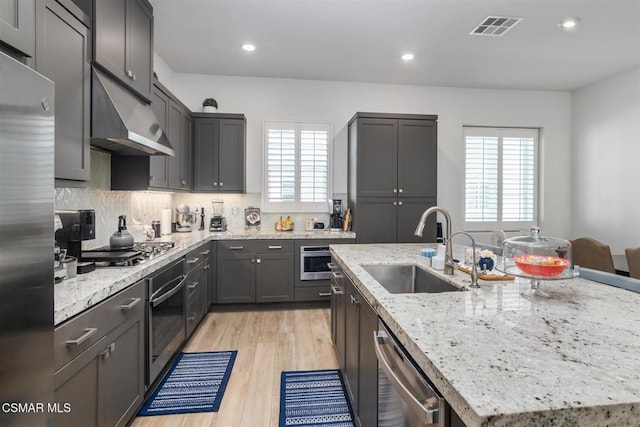 kitchen featuring a center island with sink, stainless steel appliances, a healthy amount of sunlight, and sink