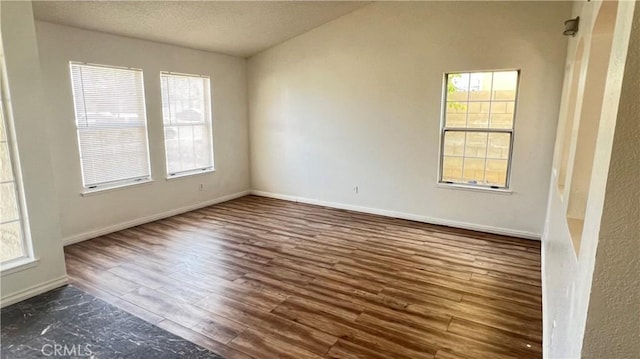 empty room featuring a textured ceiling, dark hardwood / wood-style floors, and a healthy amount of sunlight