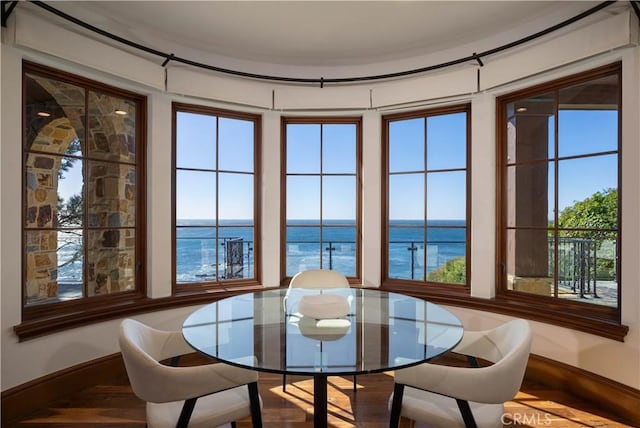 dining area with hardwood / wood-style flooring, a healthy amount of sunlight, and a water view