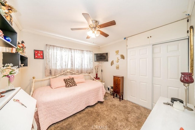 carpeted bedroom featuring ceiling fan, crown molding, and a closet