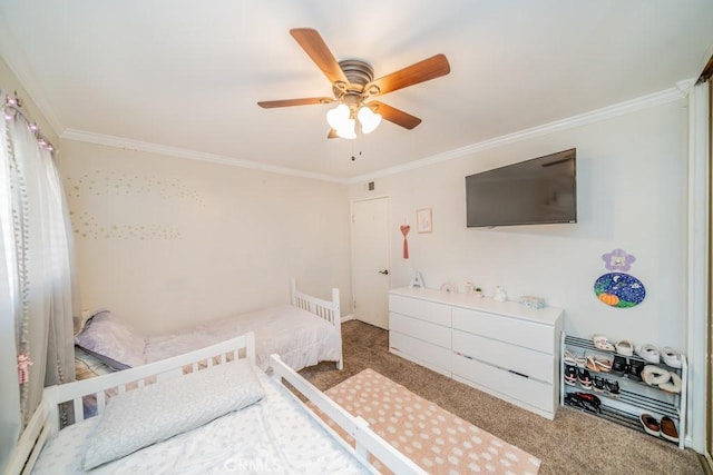 bedroom with light colored carpet, ceiling fan, and crown molding