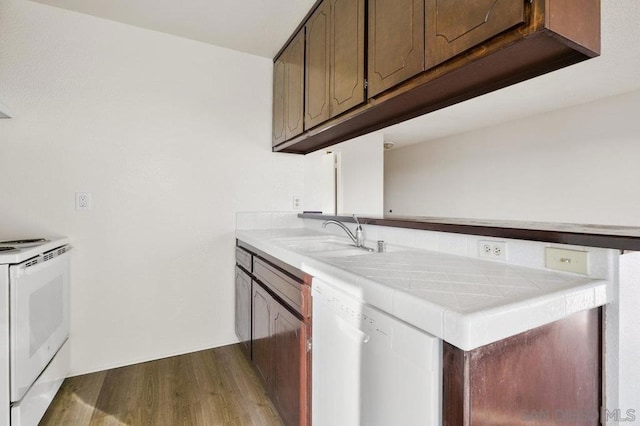 kitchen featuring tile counters, white appliances, sink, and dark wood-type flooring