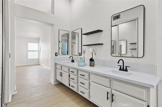 bathroom with hardwood / wood-style floors and vanity