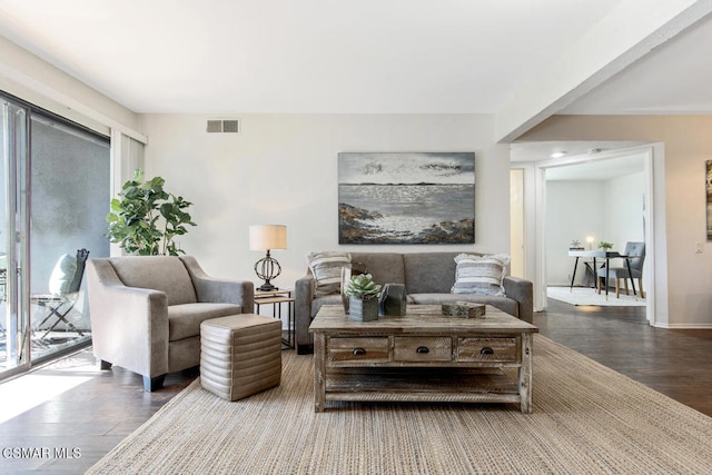 living room featuring dark wood-type flooring