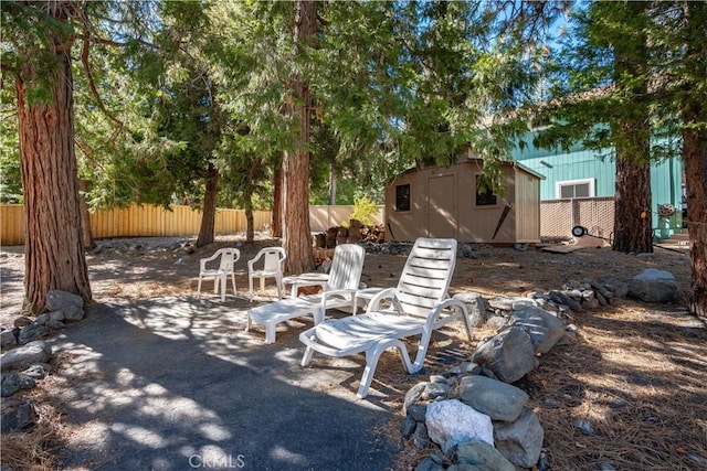 view of yard with a storage shed and a patio