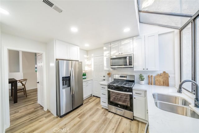 kitchen with white cabinets, light hardwood / wood-style floors, sink, and stainless steel appliances