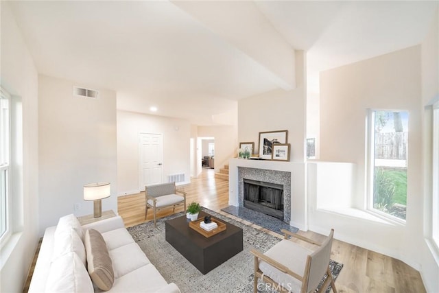 living room with a fireplace, plenty of natural light, and light hardwood / wood-style floors