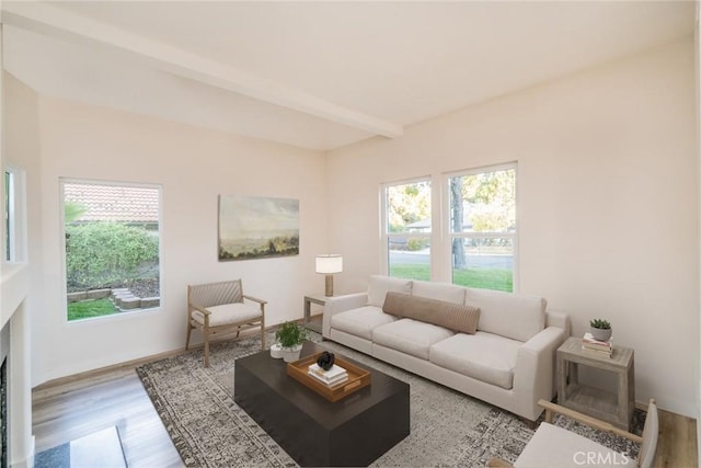 living room featuring hardwood / wood-style flooring and beamed ceiling