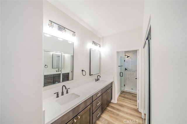 bathroom with wood-type flooring, vanity, and a shower with door