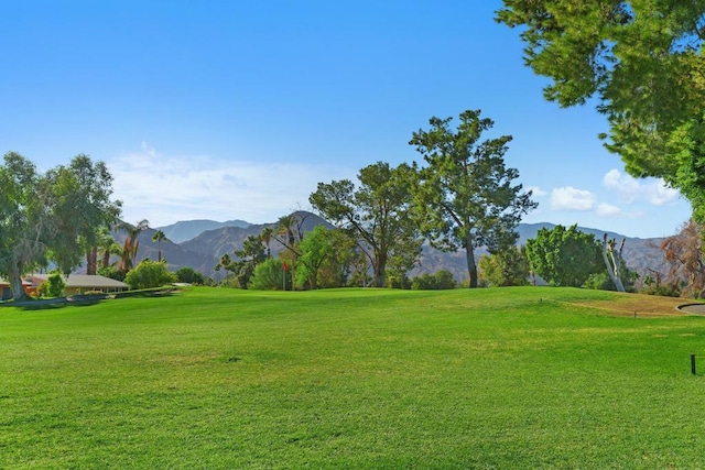 view of home's community featuring a mountain view and a lawn