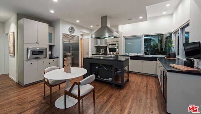 kitchen with white cabinets, dark hardwood / wood-style flooring, extractor fan, and appliances with stainless steel finishes