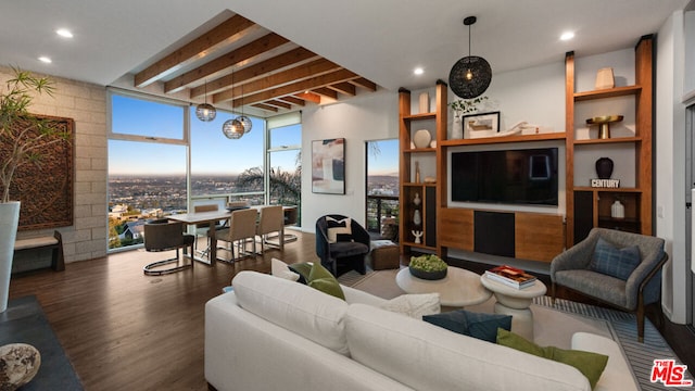 living room featuring beamed ceiling and dark wood-type flooring