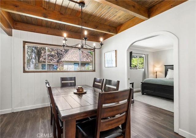 dining space featuring beamed ceiling, wooden ceiling, dark wood-type flooring, and an inviting chandelier