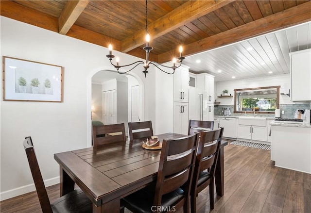 dining room with wooden ceiling, sink, dark hardwood / wood-style floors, beam ceiling, and a chandelier