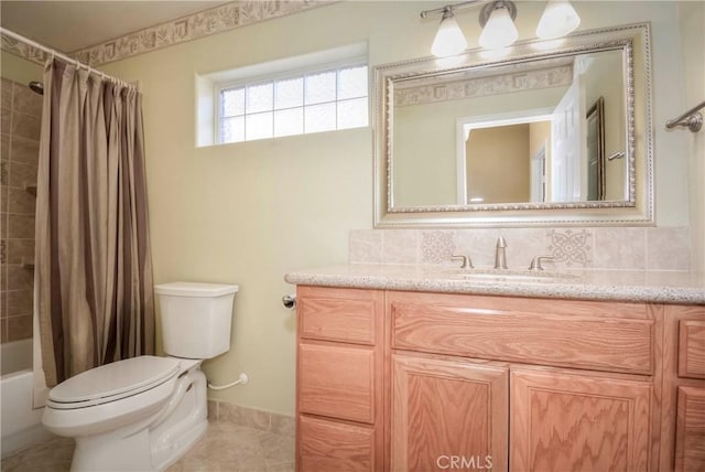 full bathroom with shower / bath combination with curtain, toilet, backsplash, and vanity