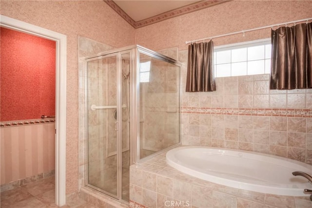 bathroom featuring plus walk in shower