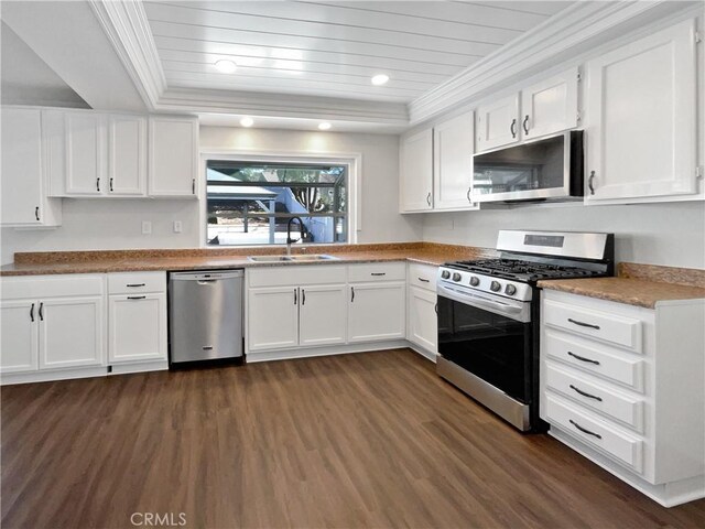 kitchen with dark hardwood / wood-style flooring, white cabinetry, sink, and appliances with stainless steel finishes