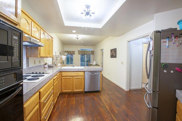 kitchen featuring dark wood-type flooring, sink, a tray ceiling, kitchen peninsula, and stainless steel appliances