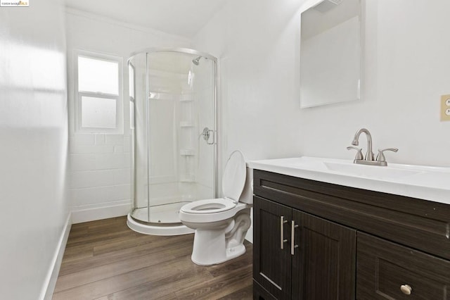 bathroom with walk in shower, vanity, wood-type flooring, and toilet