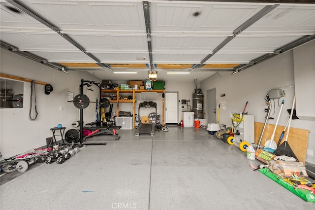 garage with strapped water heater