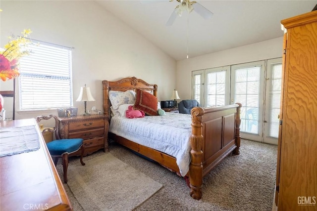 carpeted bedroom featuring access to exterior, ceiling fan, french doors, and lofted ceiling