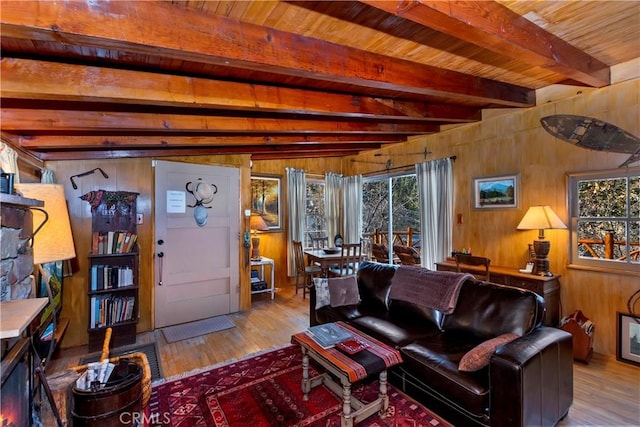 living room with wood-type flooring, wooden walls, and wood ceiling