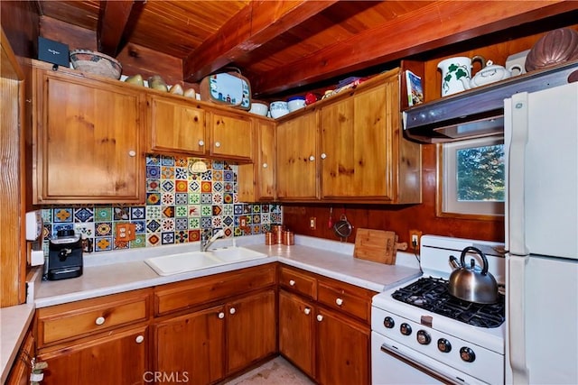 kitchen featuring backsplash, wood ceiling, white appliances, sink, and beamed ceiling