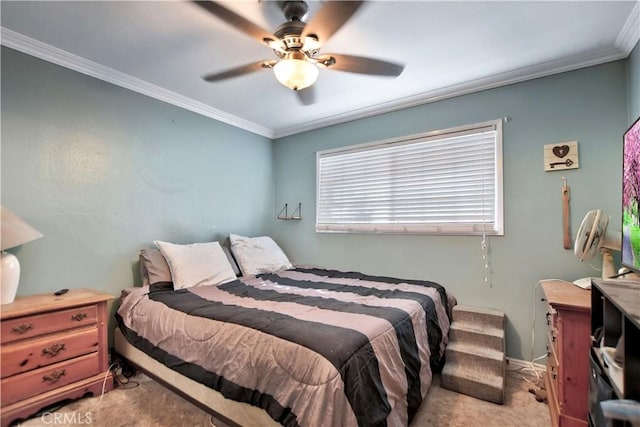 bedroom with ceiling fan, ornamental molding, and light carpet