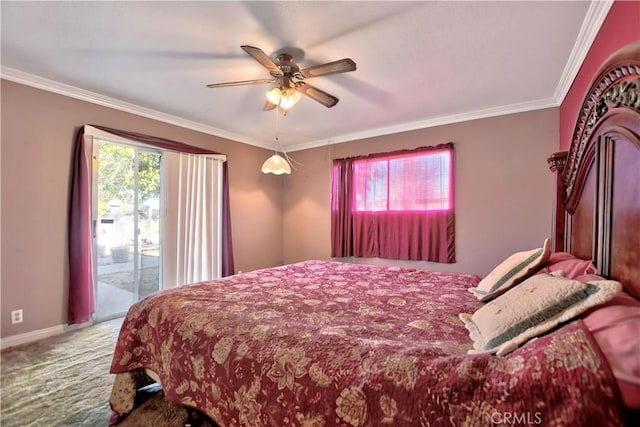 carpeted bedroom with access to exterior, ceiling fan, and ornamental molding