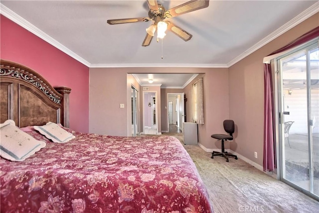 bedroom with ceiling fan, access to exterior, ornamental molding, and light hardwood / wood-style flooring