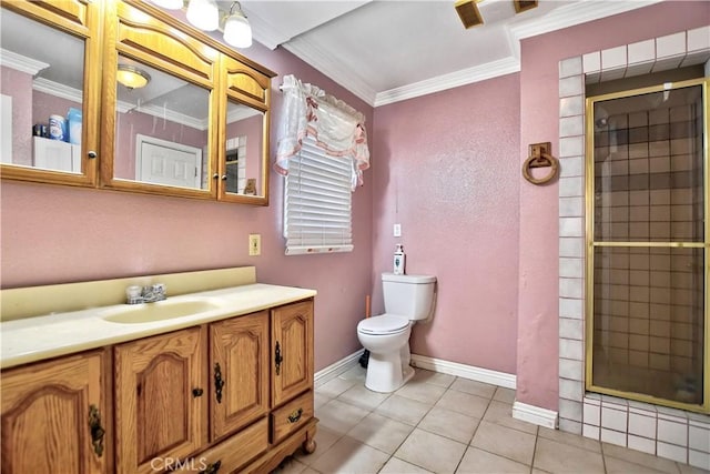 bathroom featuring tile patterned flooring, toilet, an enclosed shower, and crown molding