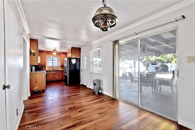 kitchen featuring a wealth of natural light, dark hardwood / wood-style flooring, crown molding, and stainless steel refrigerator