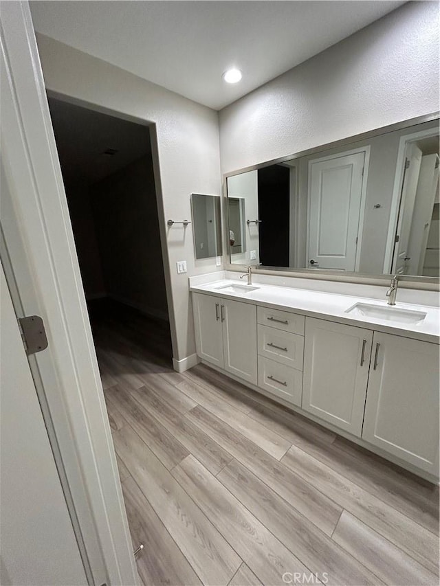 bathroom with hardwood / wood-style flooring and vanity