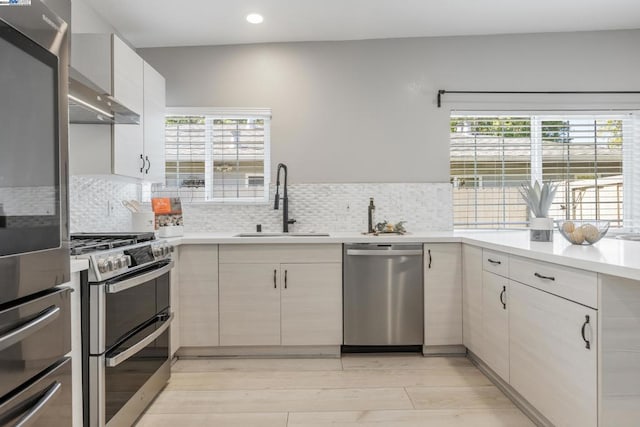 kitchen with tasteful backsplash, a wealth of natural light, sink, and stainless steel appliances