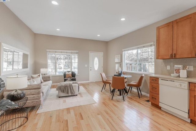 kitchen with dishwasher, decorative backsplash, and light hardwood / wood-style floors