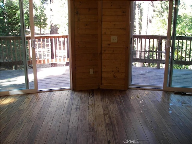 doorway featuring wooden walls and dark hardwood / wood-style flooring