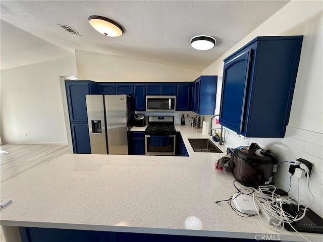 kitchen featuring blue cabinetry, sink, a textured ceiling, vaulted ceiling, and appliances with stainless steel finishes