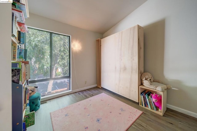 playroom featuring wood-type flooring and vaulted ceiling