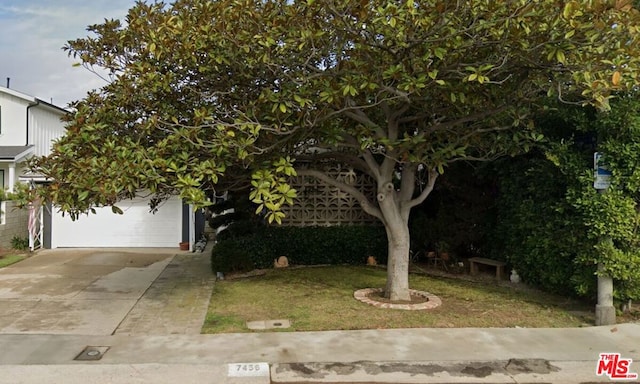 view of property hidden behind natural elements featuring a garage