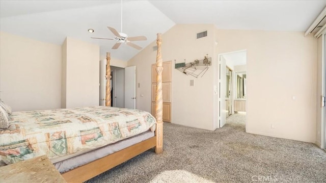 bedroom with carpet flooring, ceiling fan, and lofted ceiling