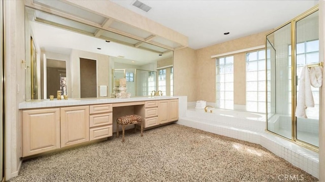 bathroom with shower with separate bathtub, vanity, and coffered ceiling