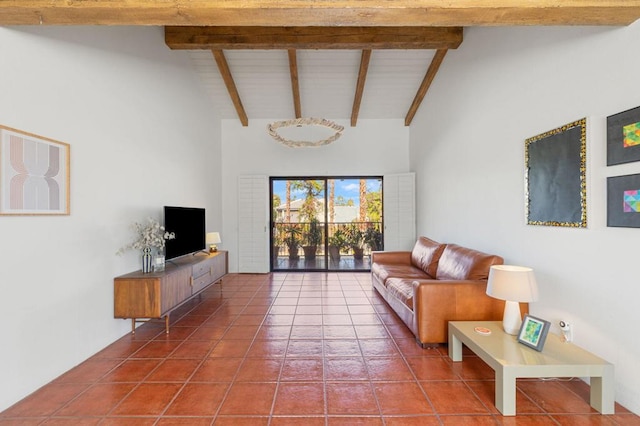 tiled living room featuring beamed ceiling and high vaulted ceiling