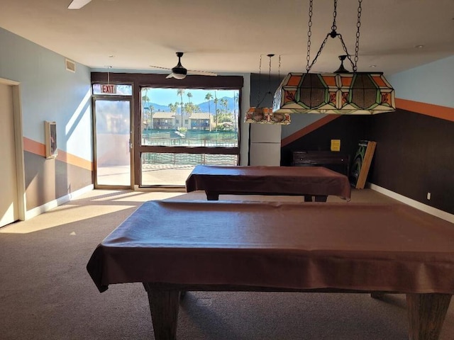 playroom featuring ceiling fan, carpet floors, and billiards