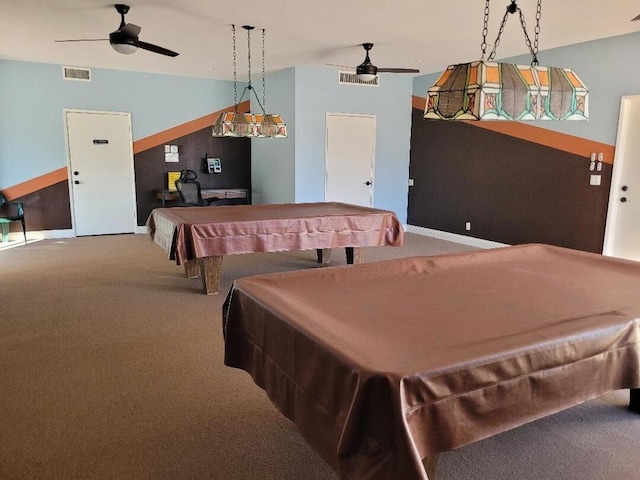 game room featuring carpet floors, ceiling fan, and billiards