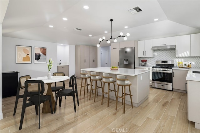 kitchen with a center island, stainless steel appliances, decorative light fixtures, decorative backsplash, and white cabinets