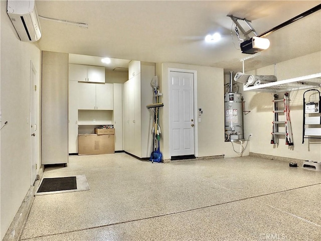 garage featuring a garage door opener, a wall unit AC, and strapped water heater