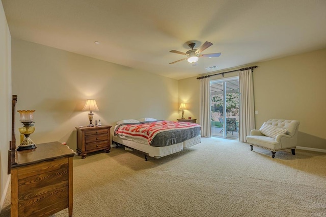 bedroom with ceiling fan, light carpet, and access to outside