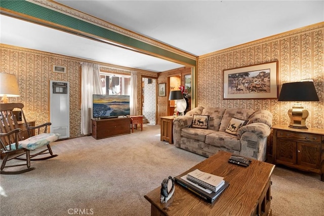 living room with light colored carpet and crown molding